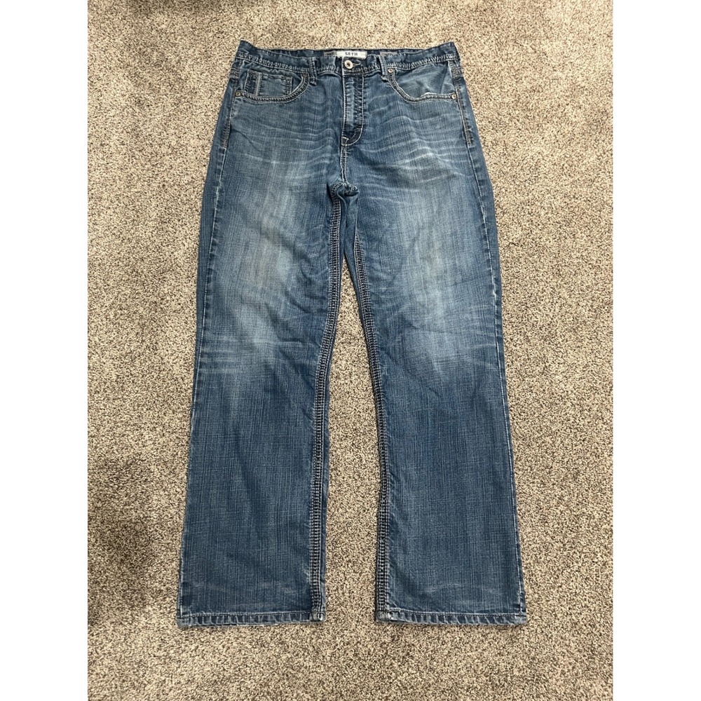 BKE Seth Straight Leg Jeans Mens 36R Medium Wash Blue Denim Contrast Stitch